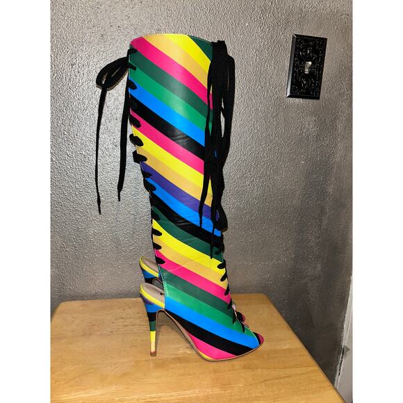 FSJ Rainbow Multicolor Stripes Peep Toe Knee High Lace Up Stiletto Heel Boots - Picture 3 of 12